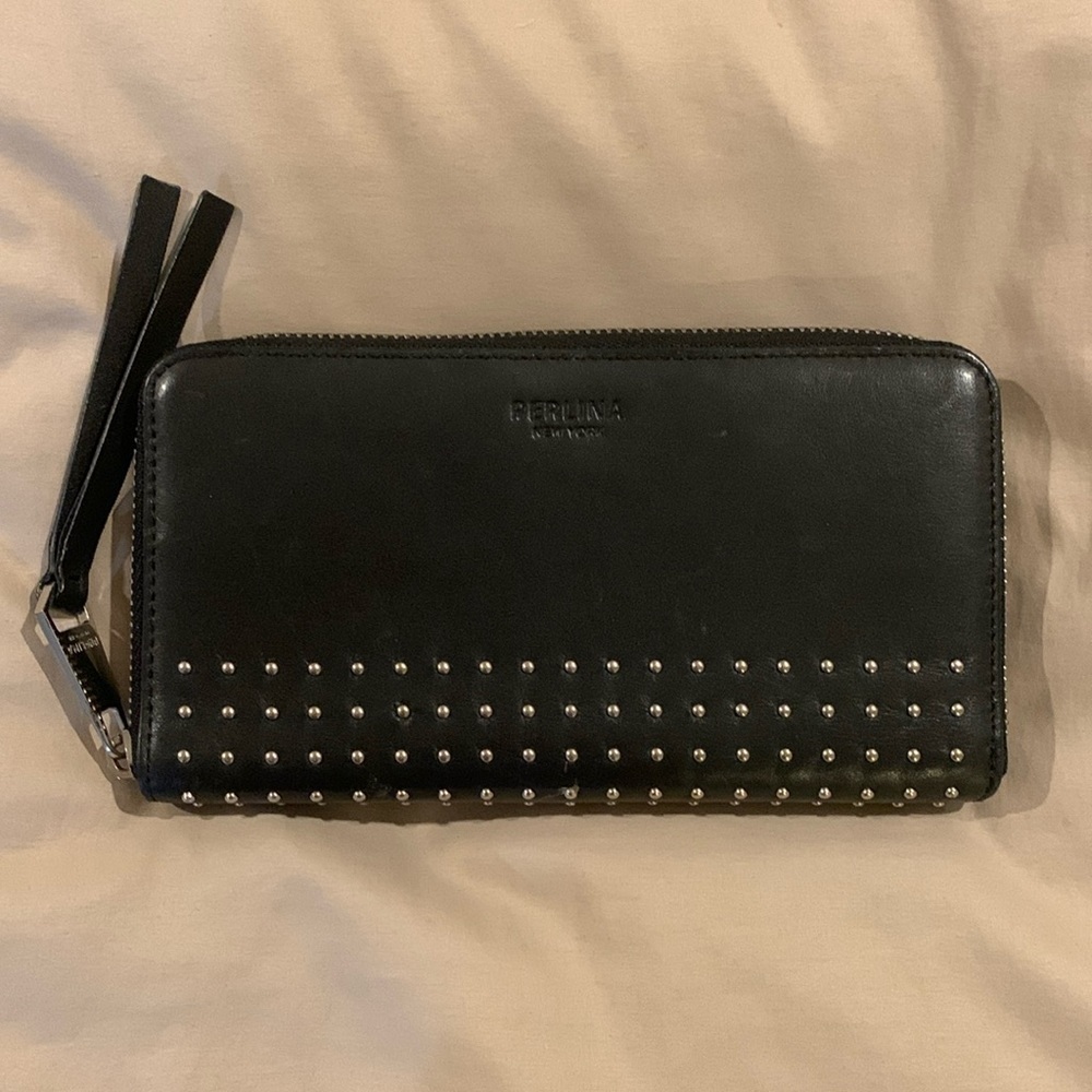 PERLINA New York Black Leather Zip Around Long Wallet. 14 card slots!! Very Nice